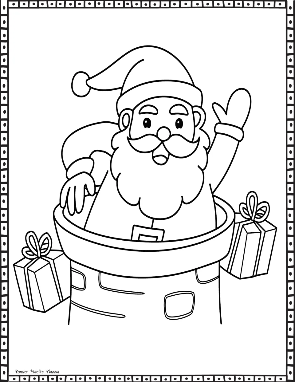 Christmas coloring page featuring Santa waving from inside a rounded chimney, with wrapped gifts on both sides