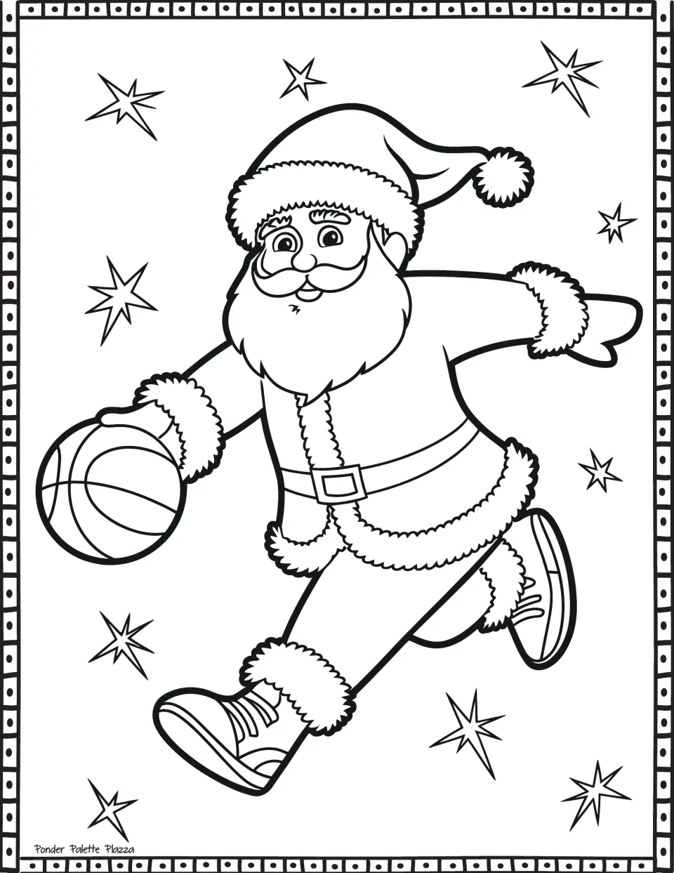 Christmas coloring page featuring Santa playing basketball, holding a ball while running in lace-up shoes