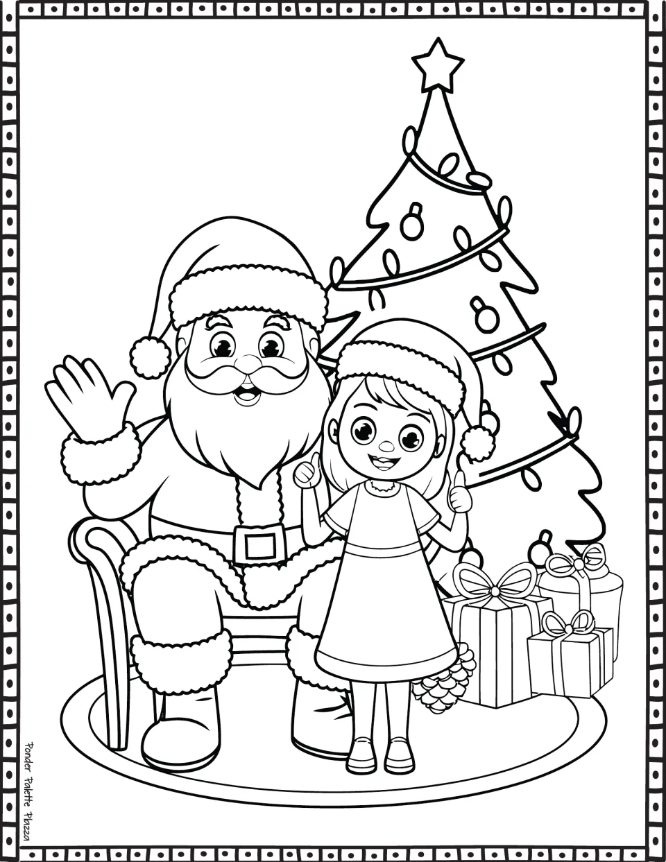 Santa Claus coloring page featuring Santa seated beside a girl, a decorated Christmas tree, and gifts