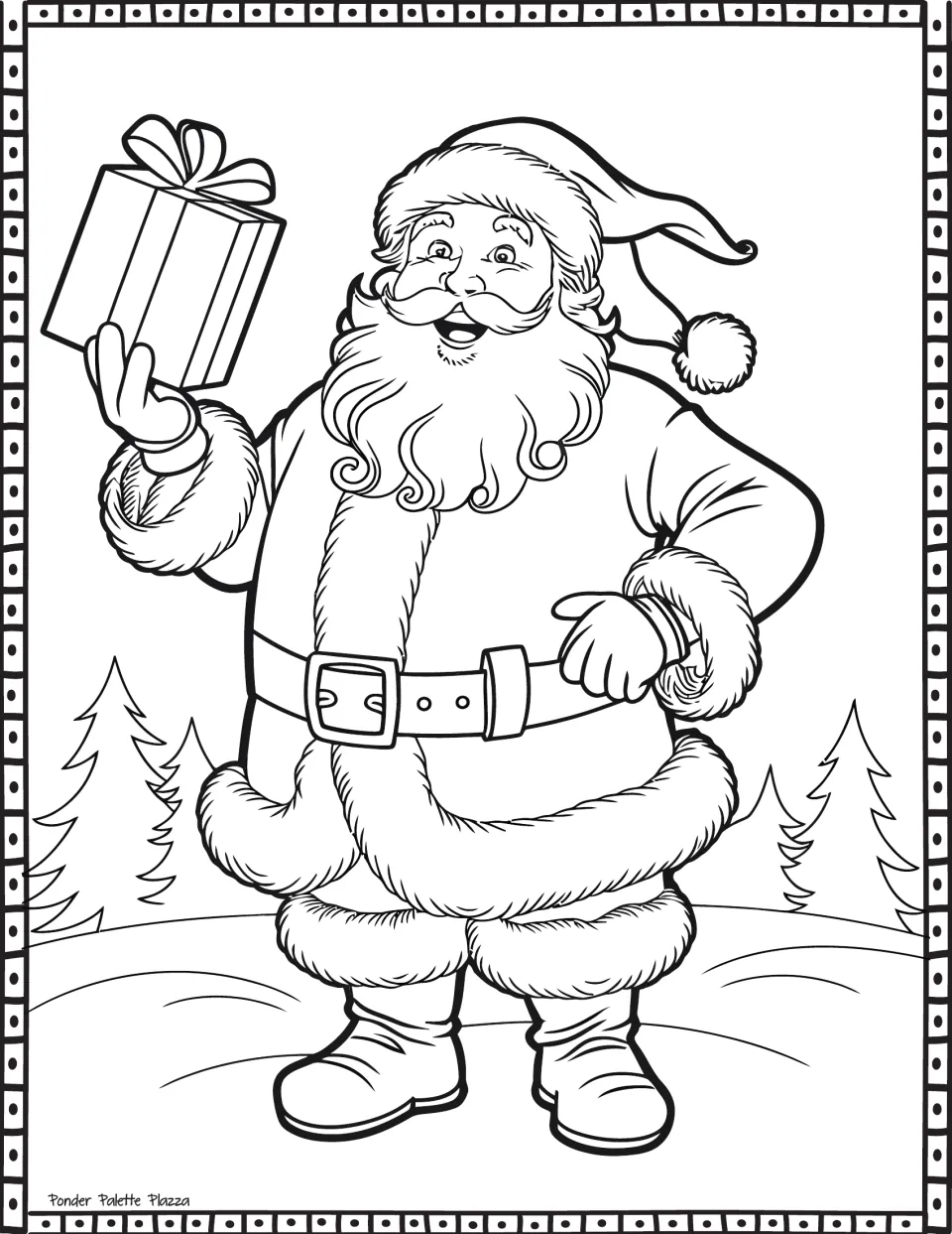Santa Claus coloring page featuring Santa holding up a wrapped present outdoors near evergreen trees