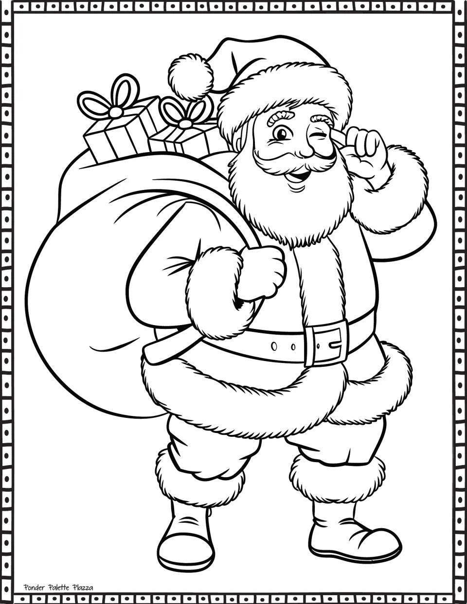 Santa Claus coloring page featuring a winking Santa carrying a large sack filled with wrapped presents