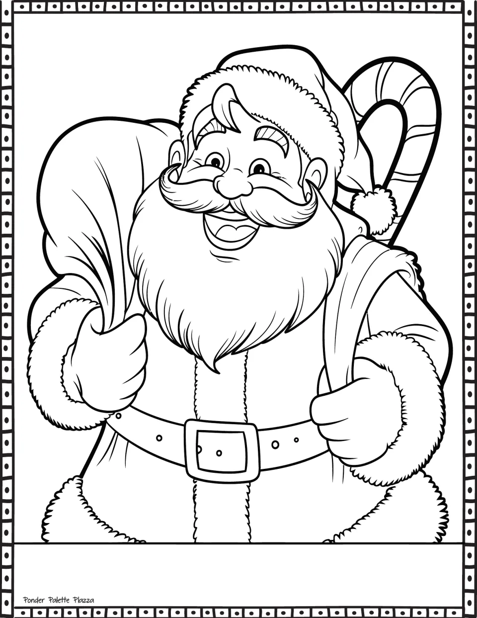 Santa Claus coloring page featuring a smiling Santa carrying a sack with a large striped candy cane