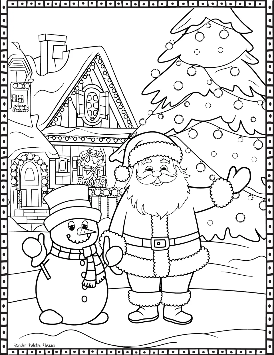 Santa Claus coloring page featuring Santa and a snowman outside a snowy house beside a decorated tree