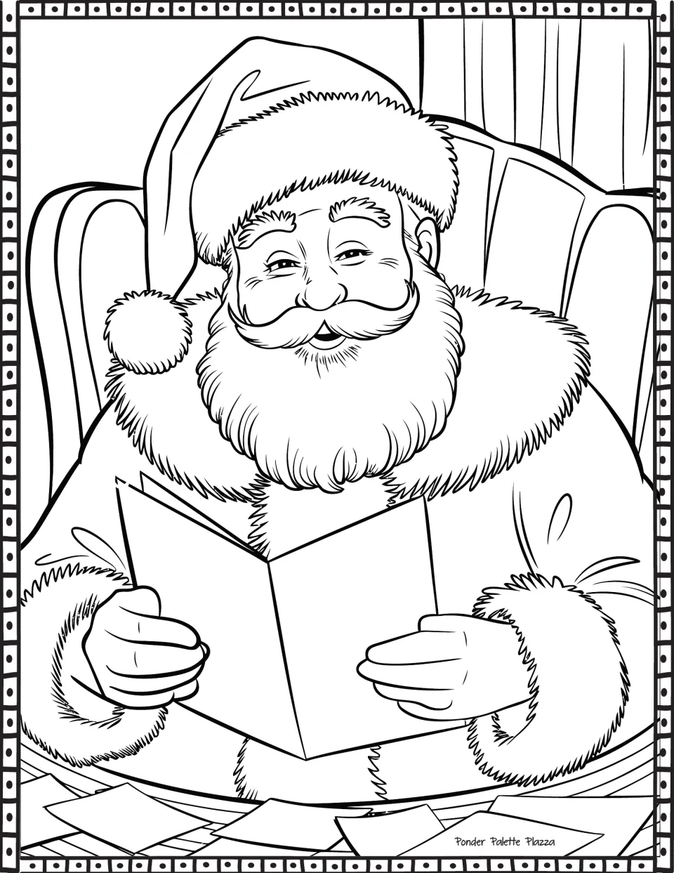 Santa Claus coloring page featuring Santa seated in an armchair, reading with loose papers in front of him