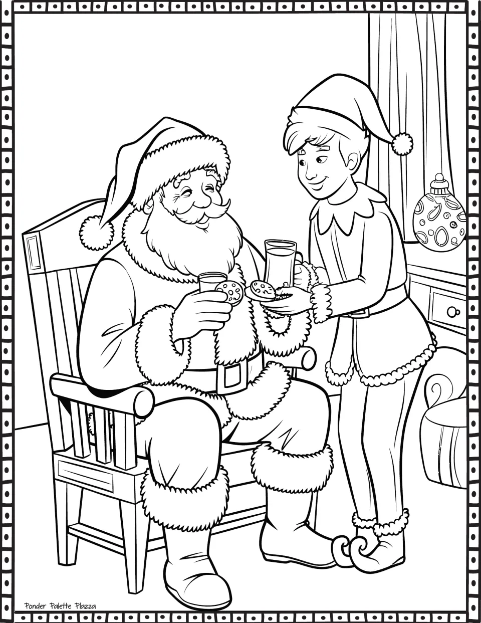 Santa Claus coloring page featuring Santa seated beside an elf who offers a plate of cookies and a drink