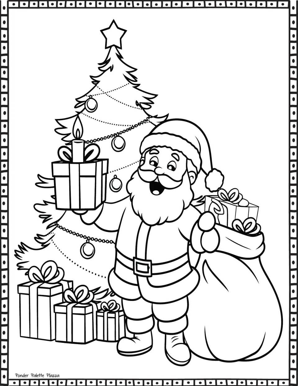 Christmas coloring page featuring Santa holding a gift beside a decorated tree and a sack of presents