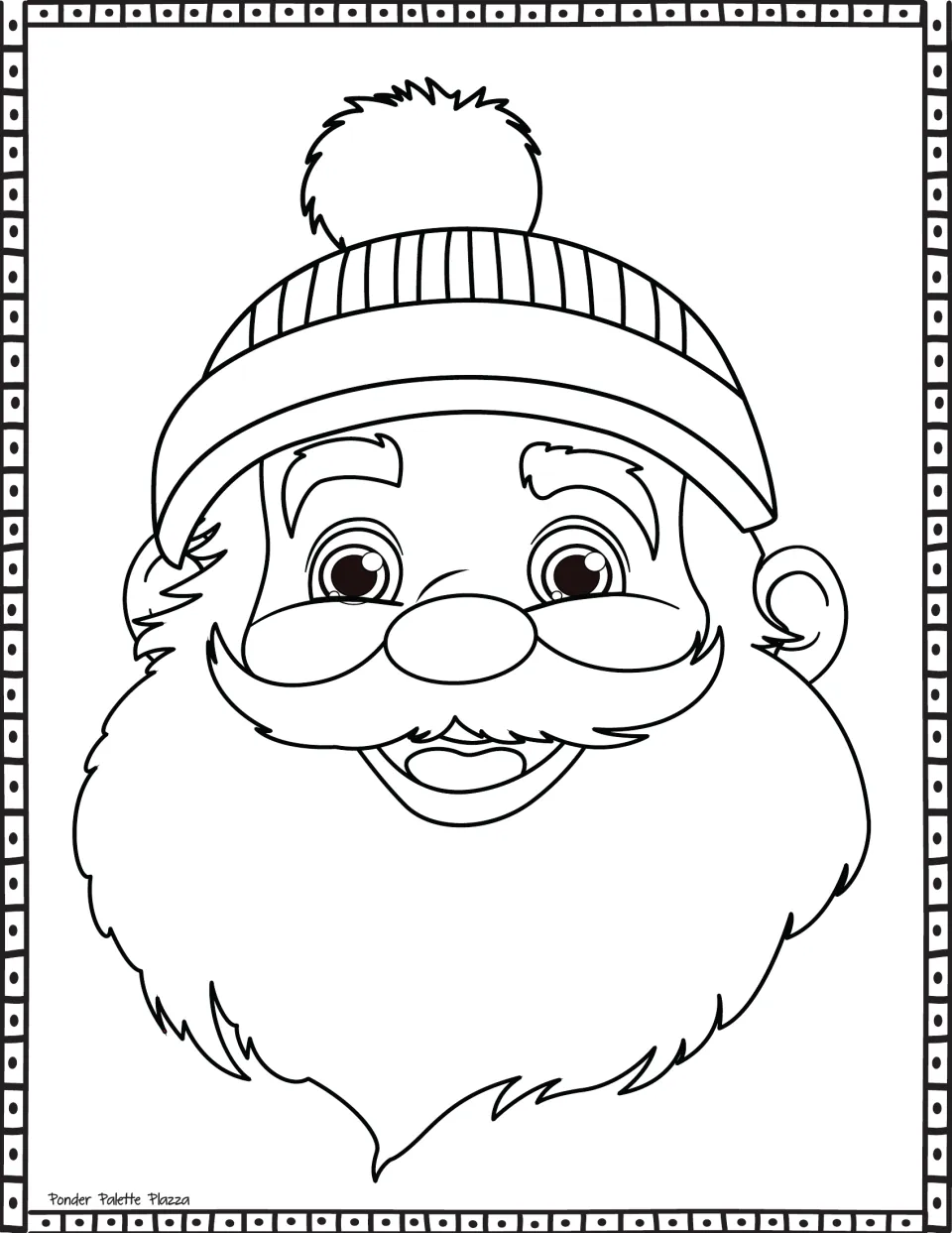 Christmas coloring page featuring a close-up of Santa's smiling face, large beard, and pom-pom winter hat