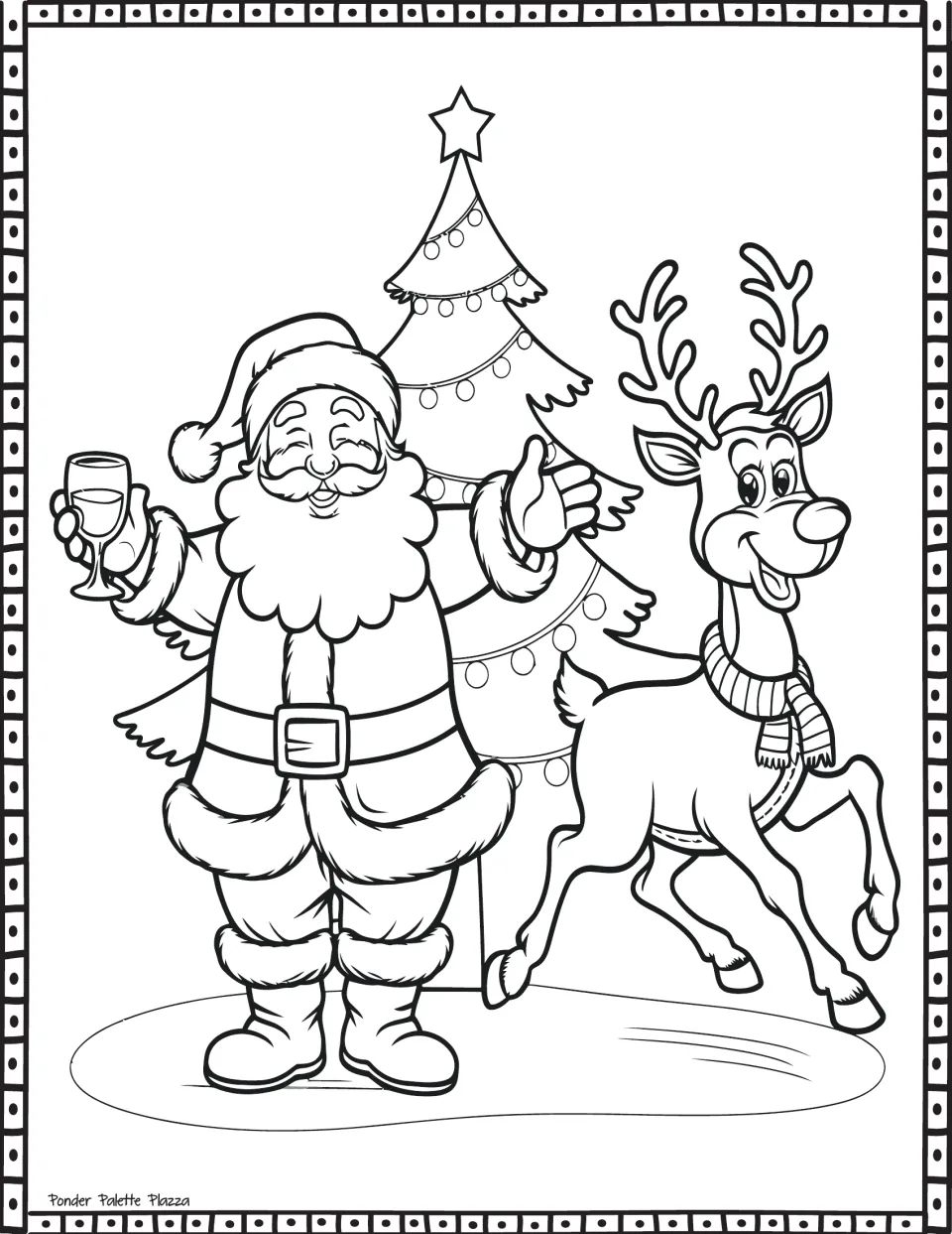 Christmas coloring page featuring Santa holding a stemmed glass beside a reindeer and a decorated tree