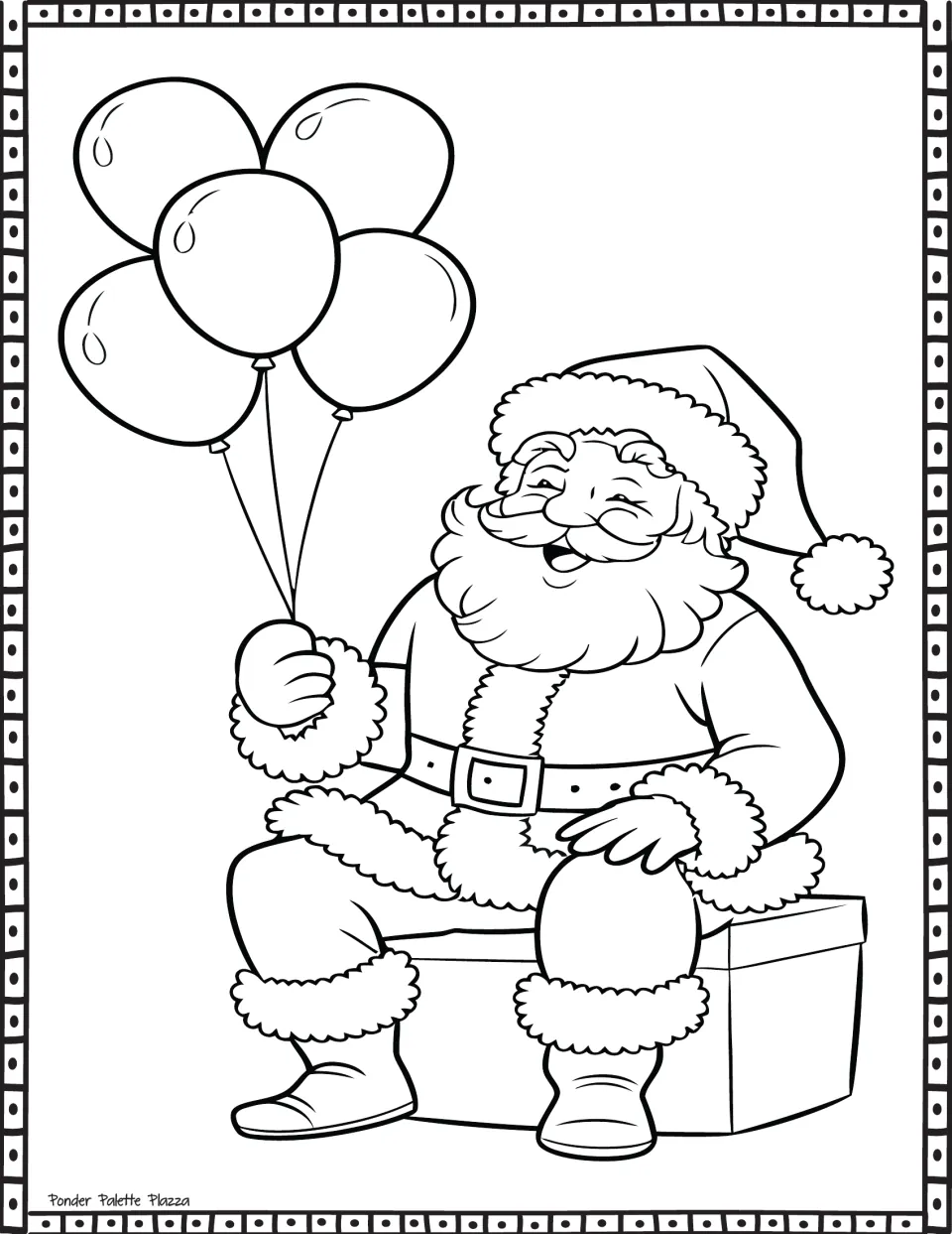 Christmas coloring page featuring Santa seated on a large box while holding a bunch of five balloons