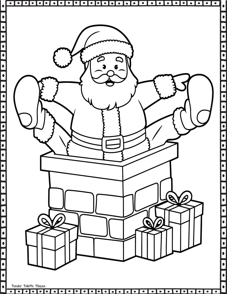 Christmas coloring page featuring Santa in a brick chimney with his boots raised and three gifts below
