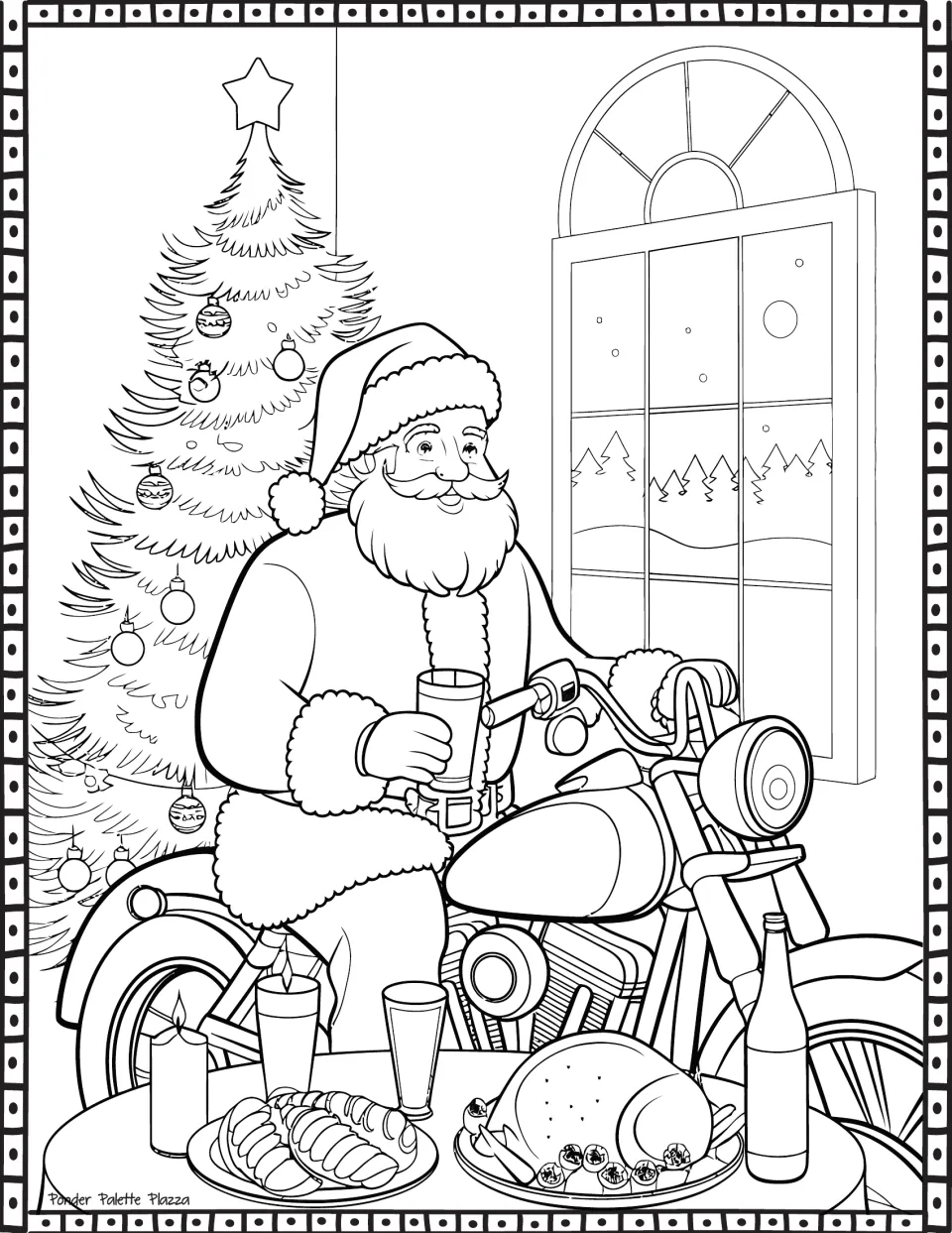 Christmas coloring page featuring Santa on a motorcycle beside a Christmas tree and a table of food