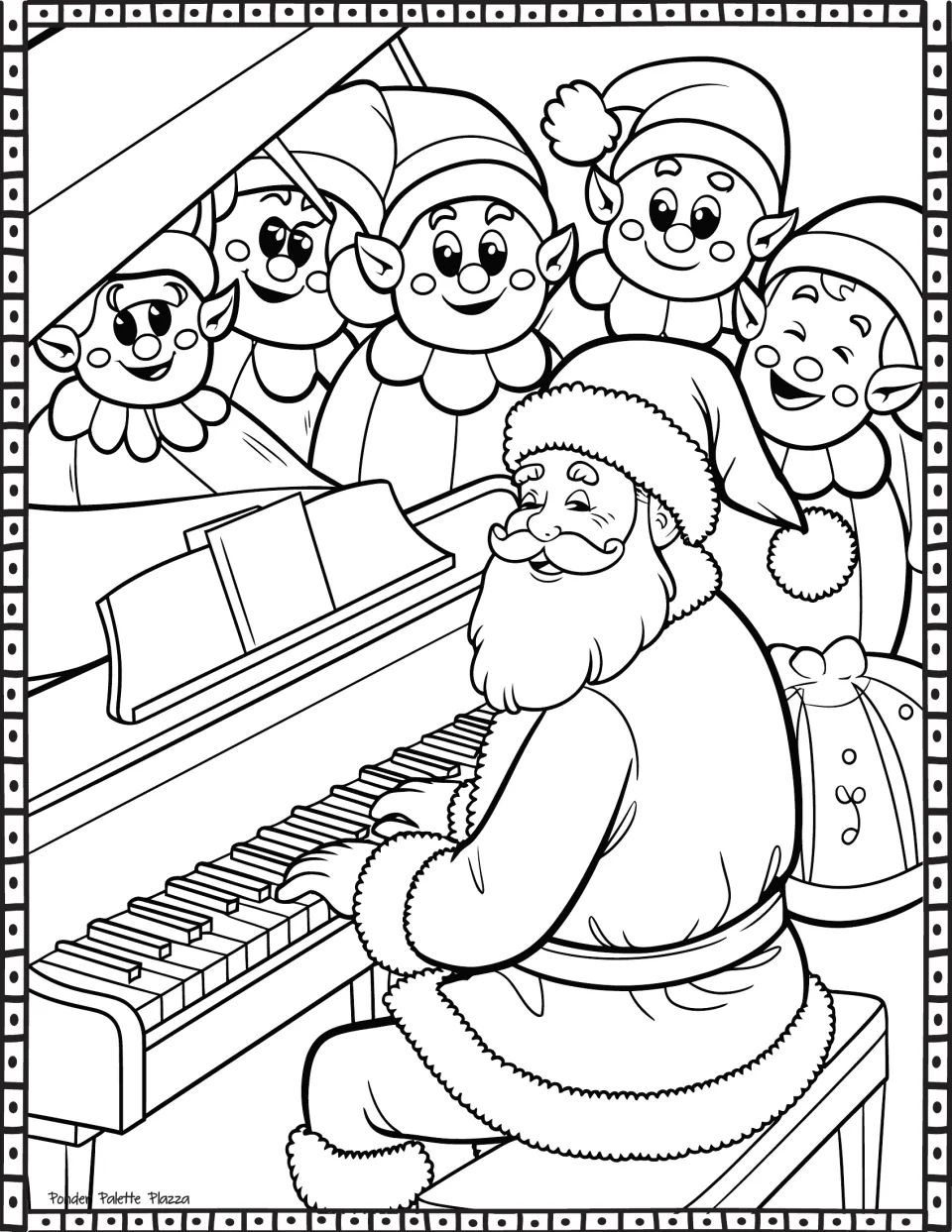 Christmas coloring page featuring Santa playing a grand piano while five smiling elves gather around