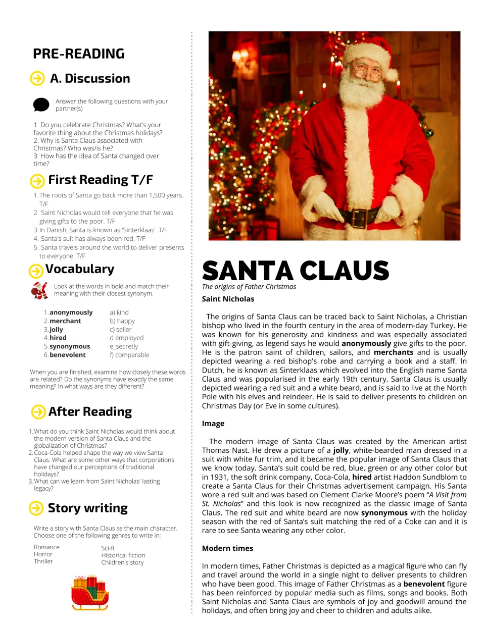 Santa Claus origins reading on Saint Nicholas and Coca-Cola: discussion, true/false, synonym matching, story writing