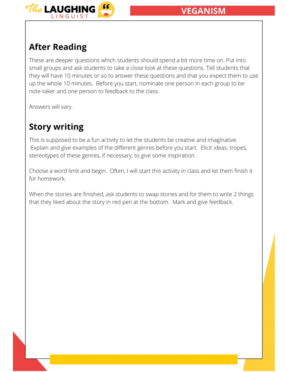 Teacher notes for the after-reading group questions and the genre story-writing task, including peer feedback steps