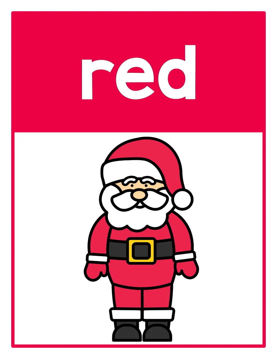Color poster 1 of the supplied set: the word 'red' and Santa in a red suit and hat for color recognition.