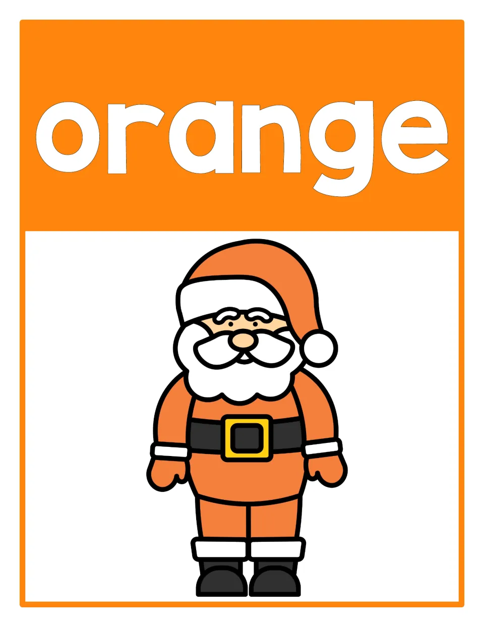 Color poster 2 of the supplied set: the word 'orange' and Santa in an orange suit and hat for color recognition.