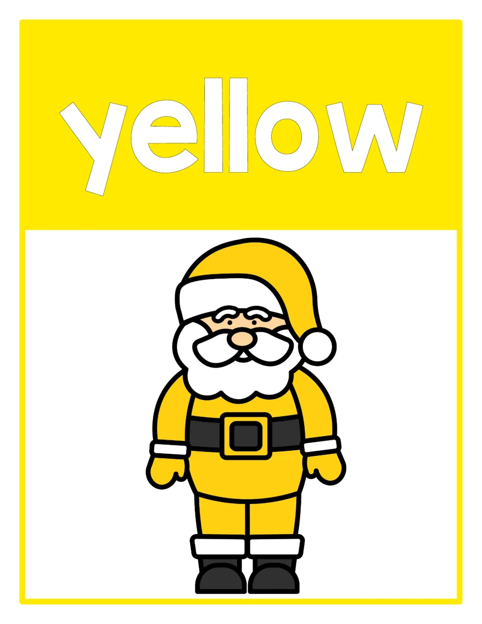 Color poster 3 of the supplied set: the word 'yellow' and Santa in a yellow suit and hat for color recognition.
