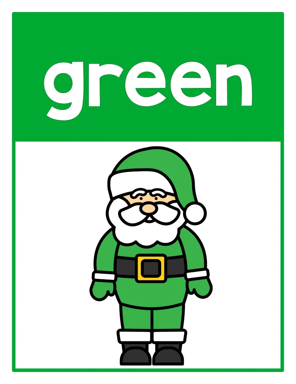 Color poster 4 of the supplied set: the word 'green' and Santa in a green suit and hat for color recognition.