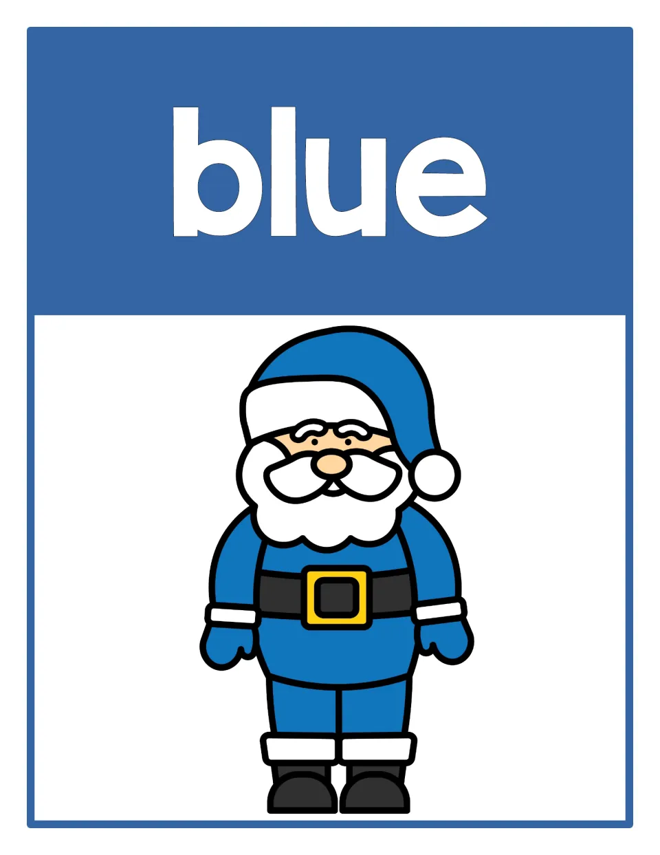 Color poster 5 of the supplied set: the word 'blue' and Santa in a blue suit and hat for color recognition.