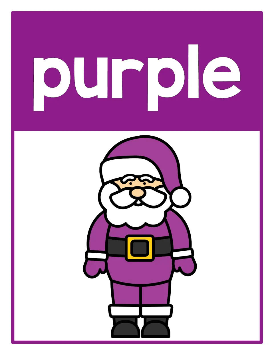 Color poster 6 of the supplied set: the word 'purple' and Santa in a purple suit and hat for color recognition.