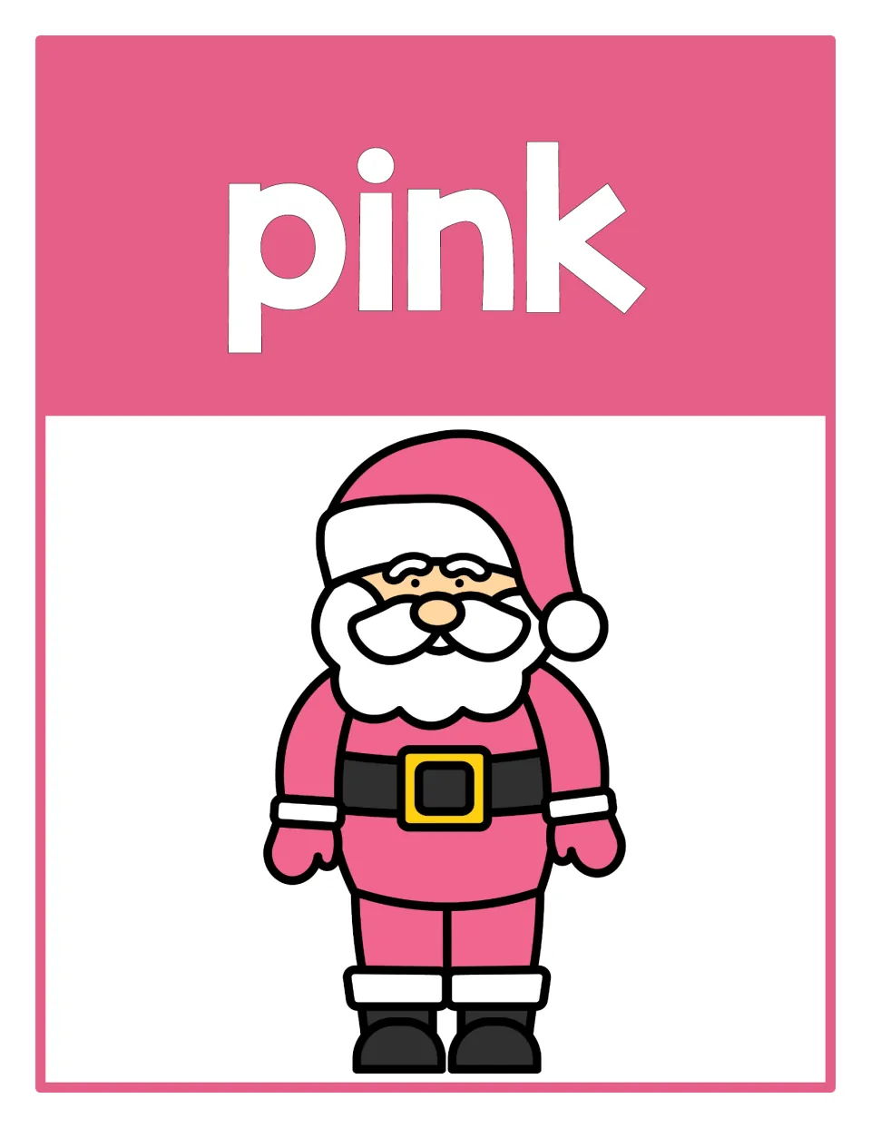Color poster 7 of the supplied set: the word 'pink' and Santa in a pink suit and hat for color recognition.