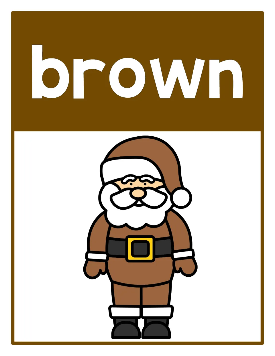 Color poster 8 of the supplied set: the word 'brown' and Santa in a brown suit and hat for color recognition.