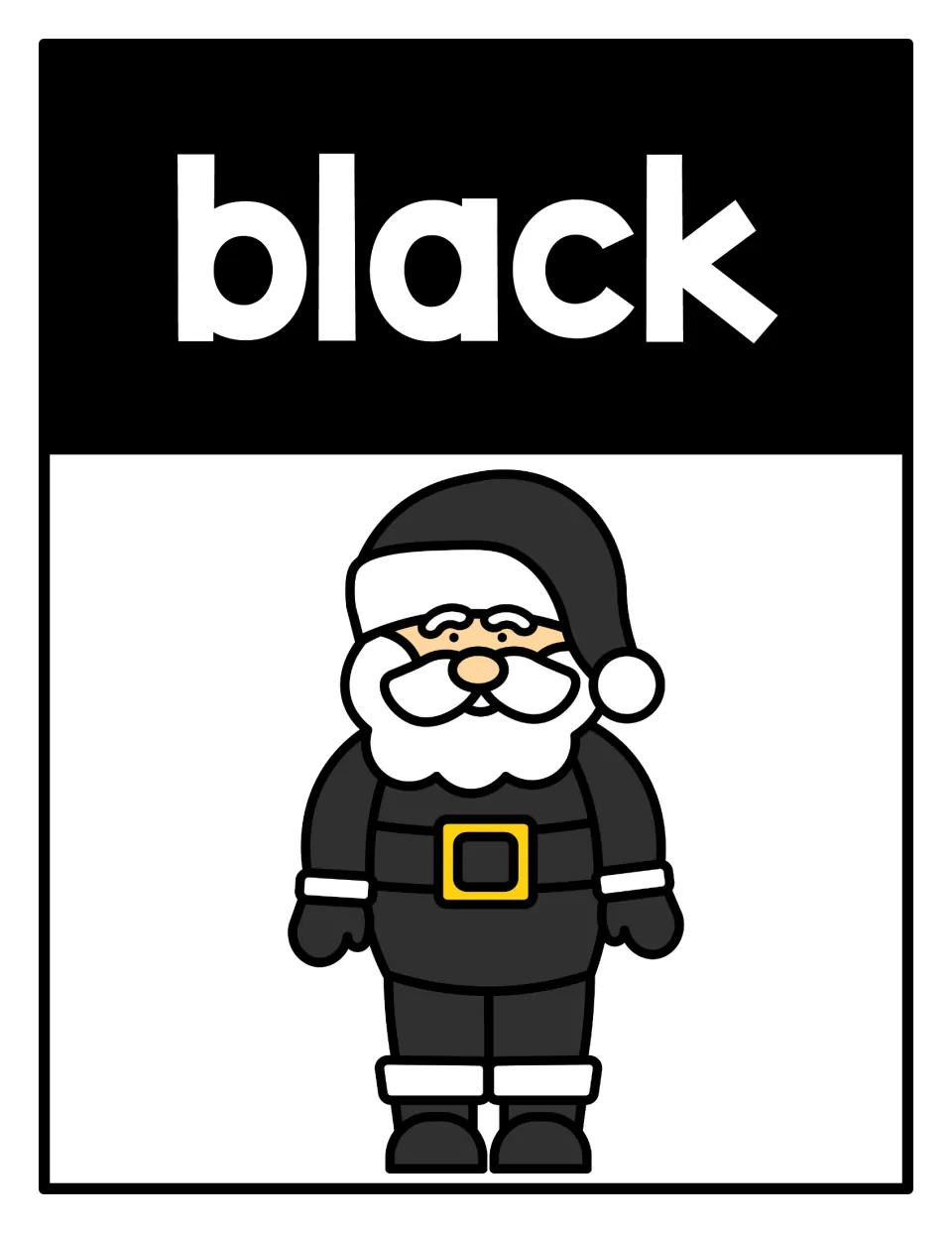 Color poster 9 of the supplied set: the word 'black' and Santa in a black suit and hat for color recognition.