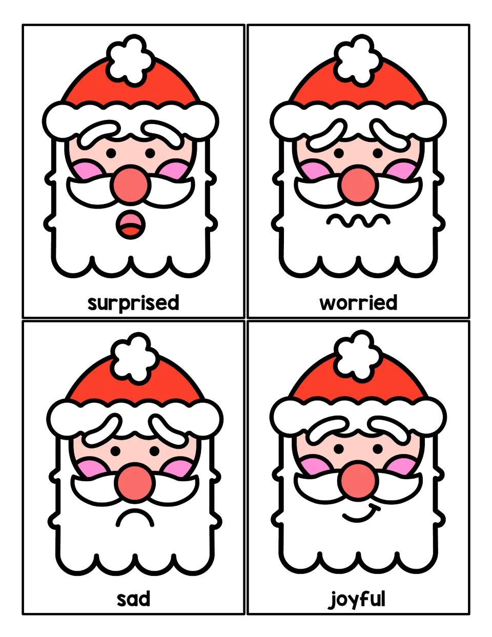Emotion cards: four Santa faces labeled surprised, worried, sad and joyful for naming feelings from facial expressions
