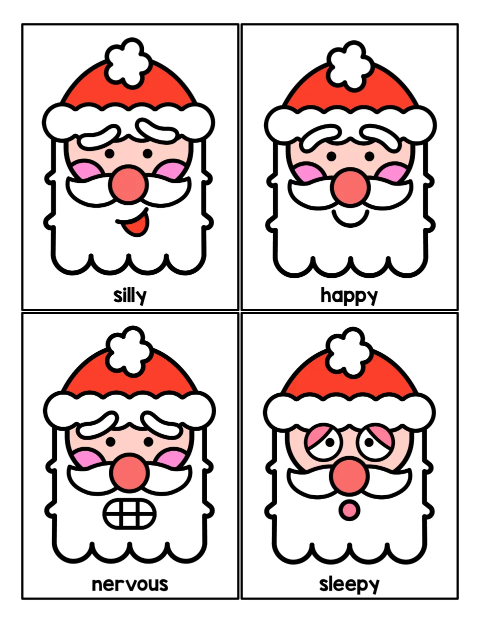 Feelings cards showing Santa as silly with tongue out, happy, nervous with gritted teeth and sleepy with droopy eyes