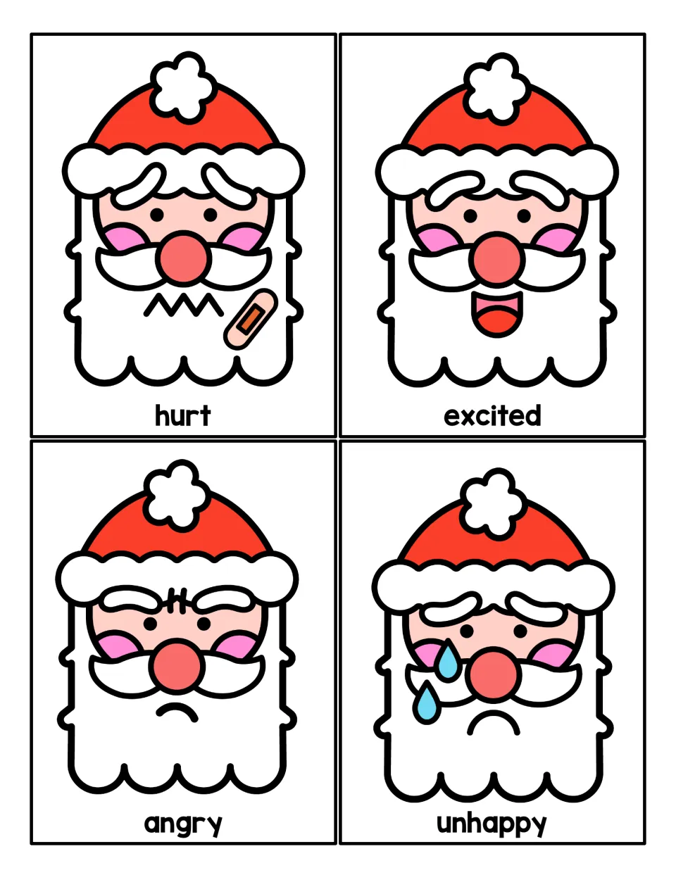 Emotion word cards: Santa looks hurt with a bandage, excited, angry with a furrowed brow and unhappy with tears