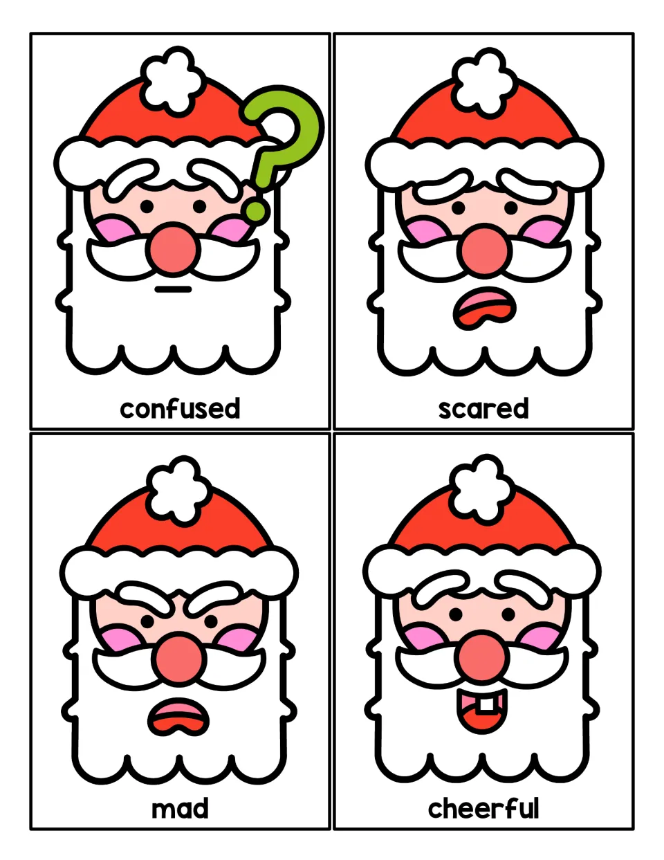 Expression cards with Santa feeling confused beside a question mark, scared, mad and cheerful, each labeled below