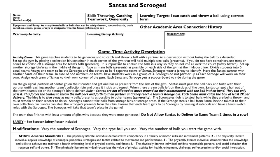 PE game lesson: partners throw and catch balls as presents while Santas deliver them and Scrooges steal them.