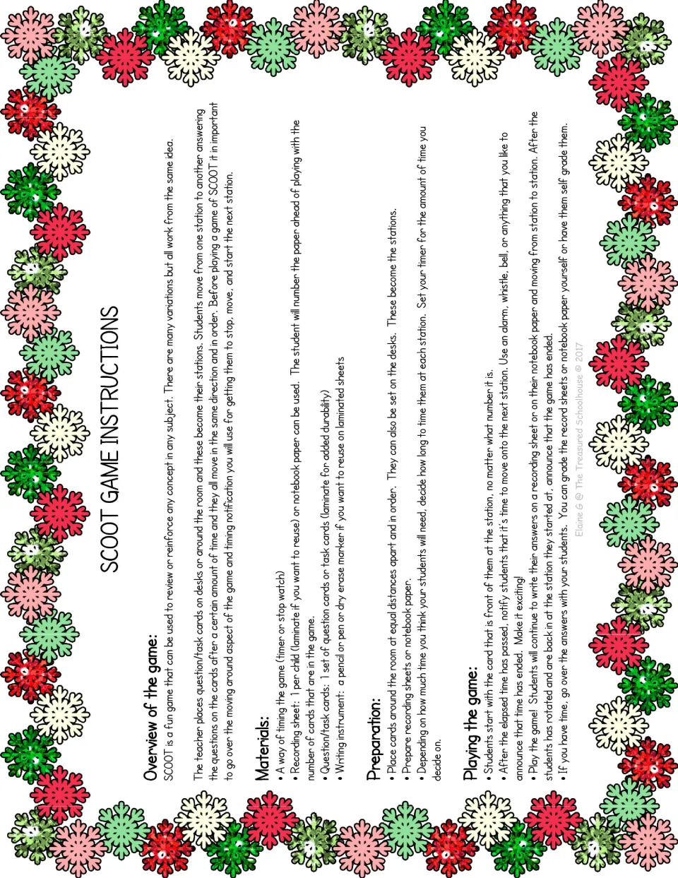 SCOOT game instructions explain materials, station setup, timed rotations, recording answers, and grading
