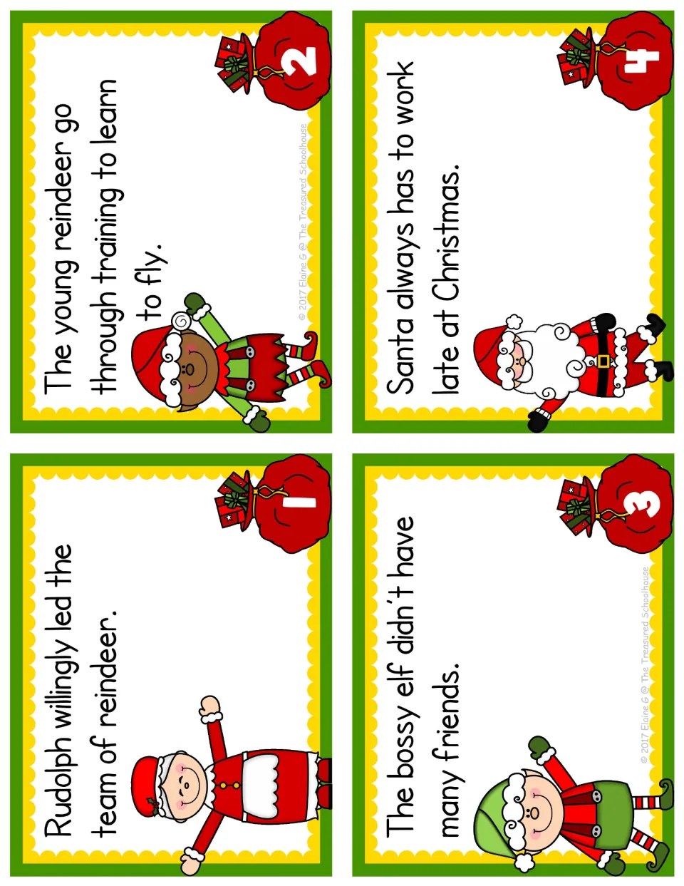Adjective and adverb task cards 1–4 feature Rudolph willingly leading, young reindeer, a bossy elf, and Santa