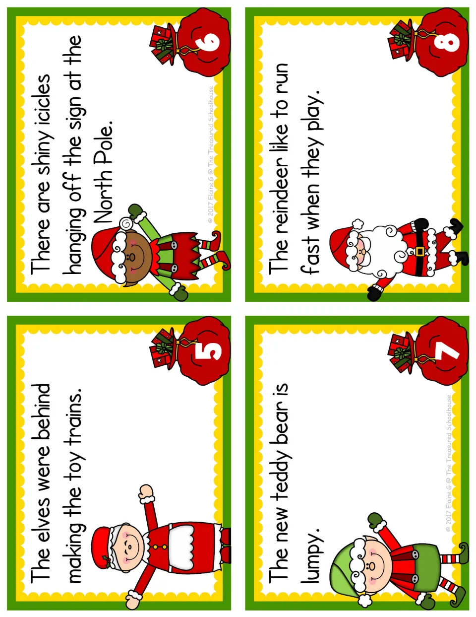 Adjective and adverb task cards 5–8 feature elves making trains, shiny icicles, a lumpy bear, and fast reindeer