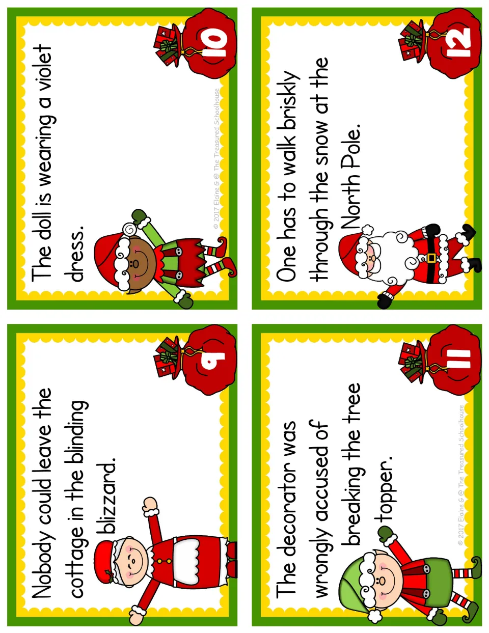 Adjective and adverb task cards 9–12 feature a blinding blizzard, violet dress, wrongly accused decorator, and snow