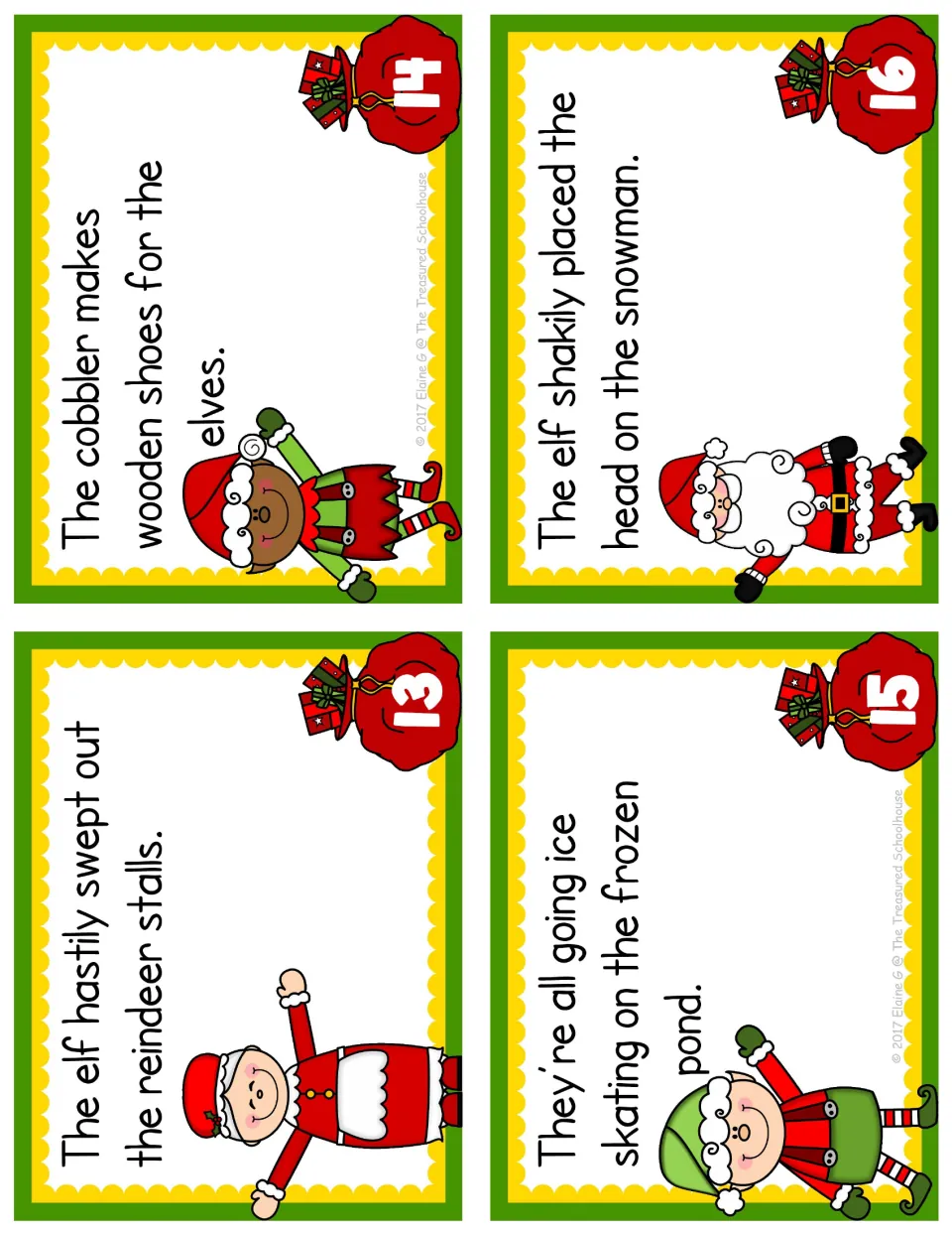 Adjective and adverb task cards 13–16 feature hasty sweeping, wooden shoes, a frozen pond, and shaky snowman building