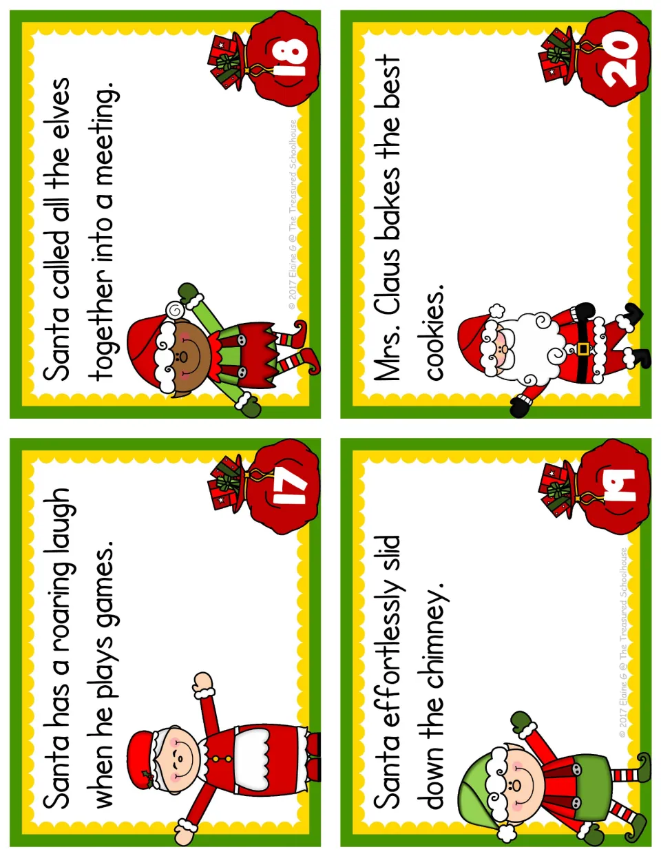 Adjective and adverb task cards 17–20 feature Santa's roaring laugh, an elf meeting, chimney sliding, and cookies