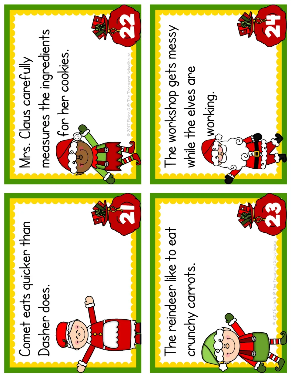 Adjective and adverb task cards 21–24 feature Comet eating, careful measuring, crunchy carrots, and a messy workshop