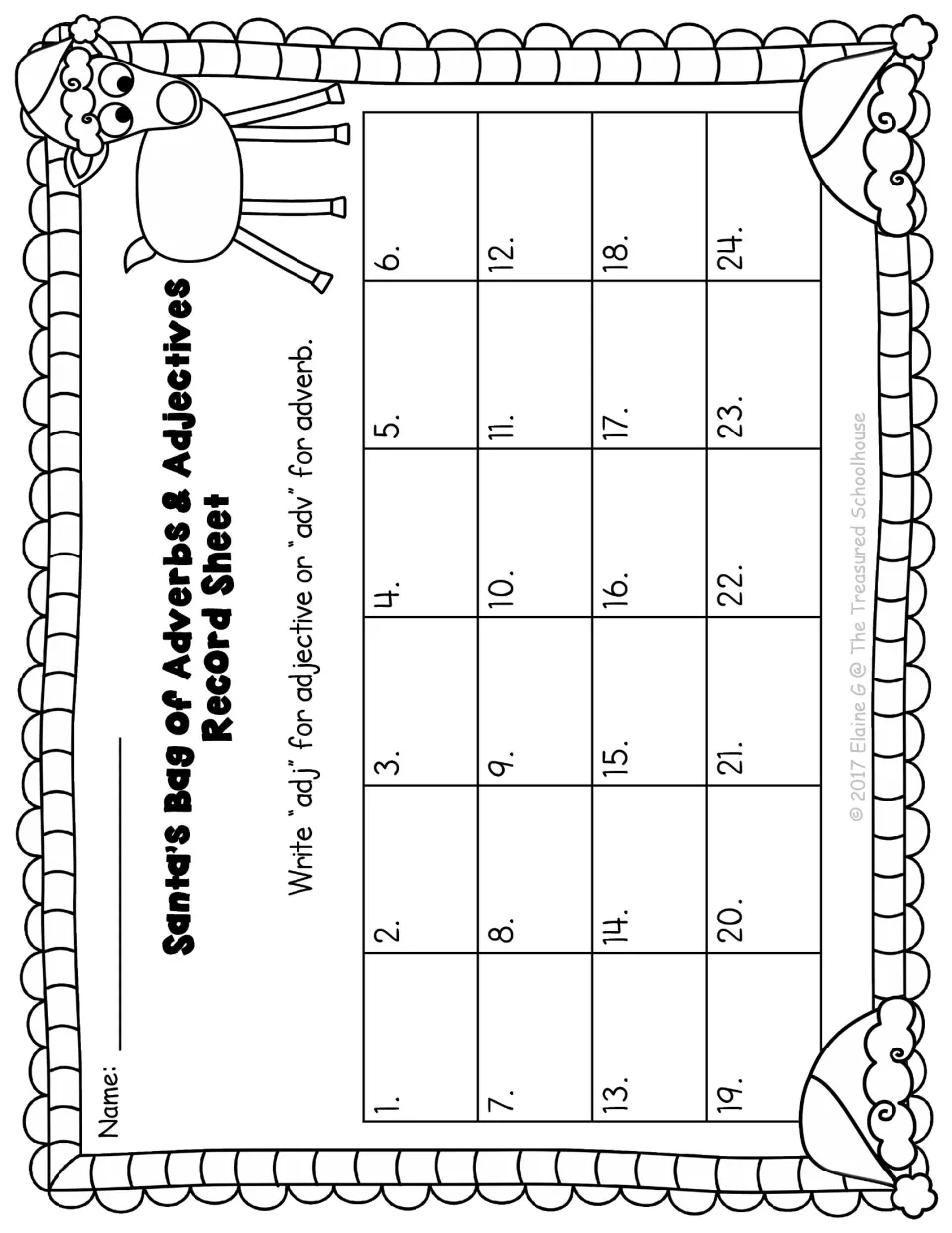 Recording sheet for all 24 task cards asks students to write 'adj' for adjective or 'adv' for adverb