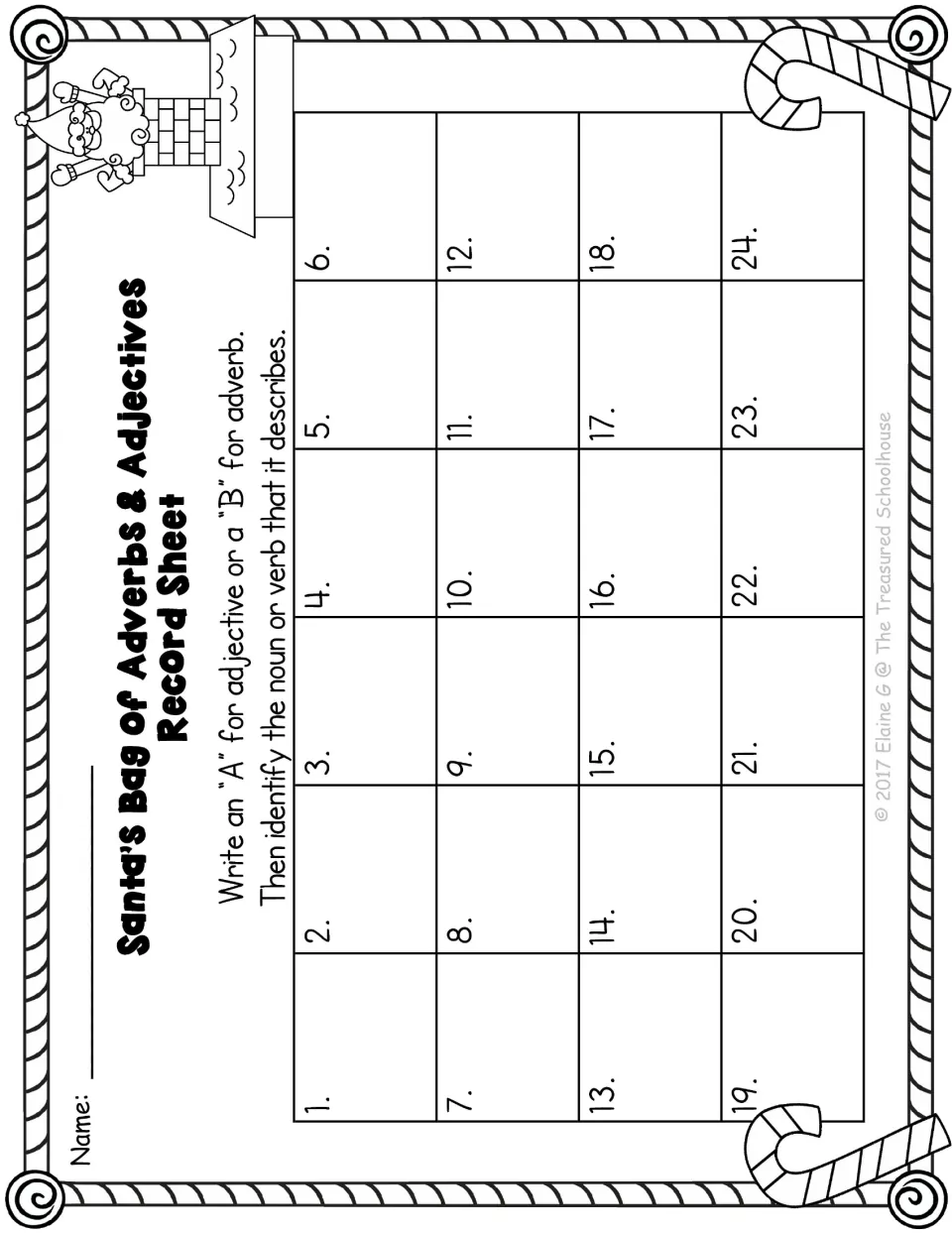 Recording sheet for 24 cards asks for A for adjective or B for adverb, then the noun or verb it describes