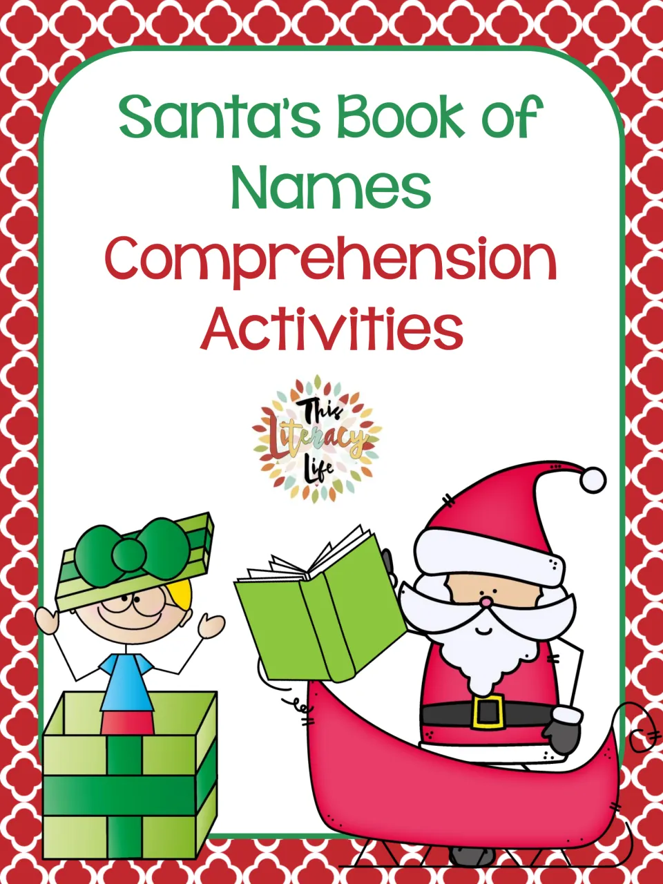 Cover: Santa's Book of Names Comprehension Activities, with Santa reading a book in his sleigh and a child in a gift box