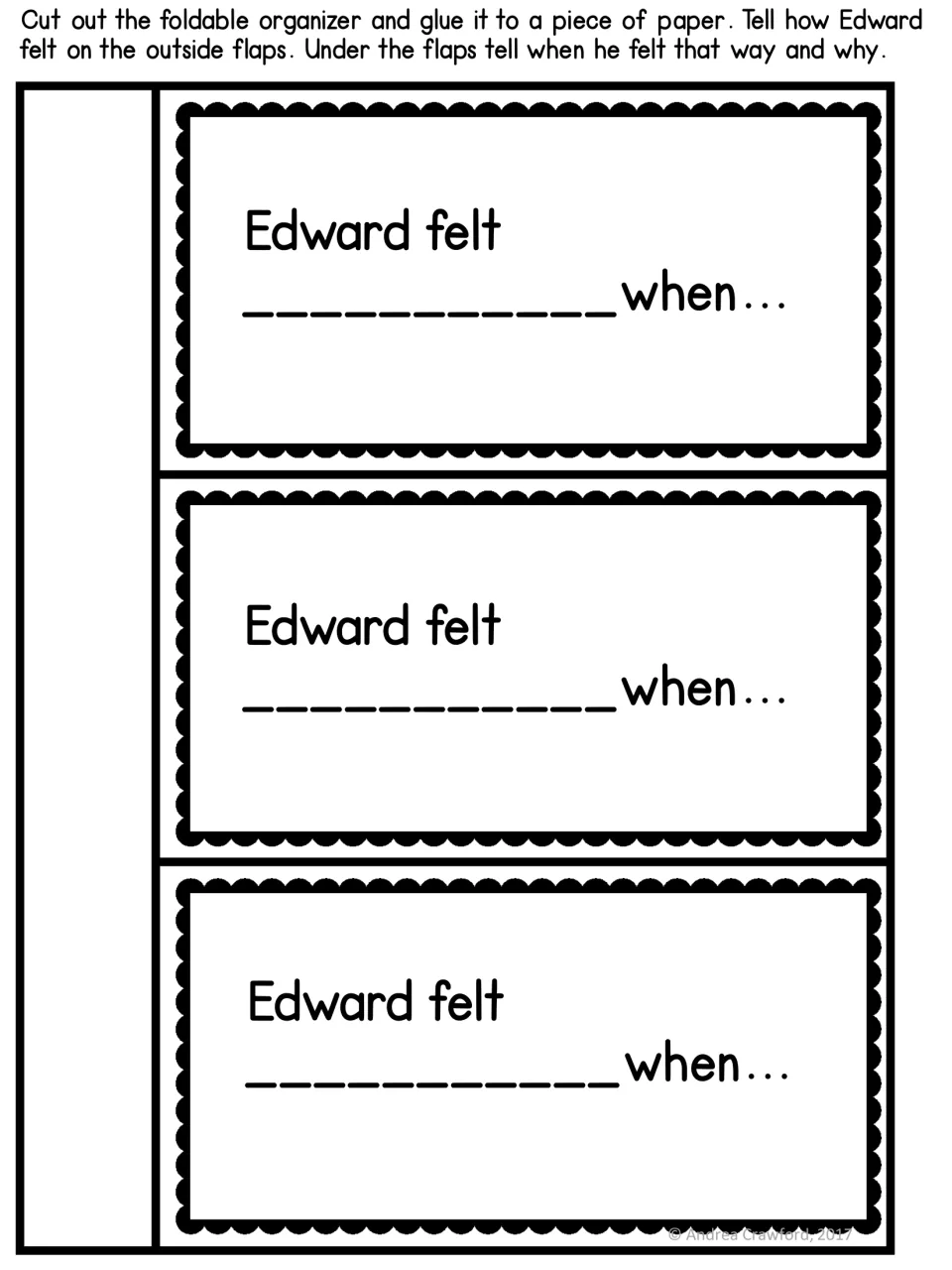 Character feelings foldable: students write how Edward felt on three flaps, then explain when and why underneath