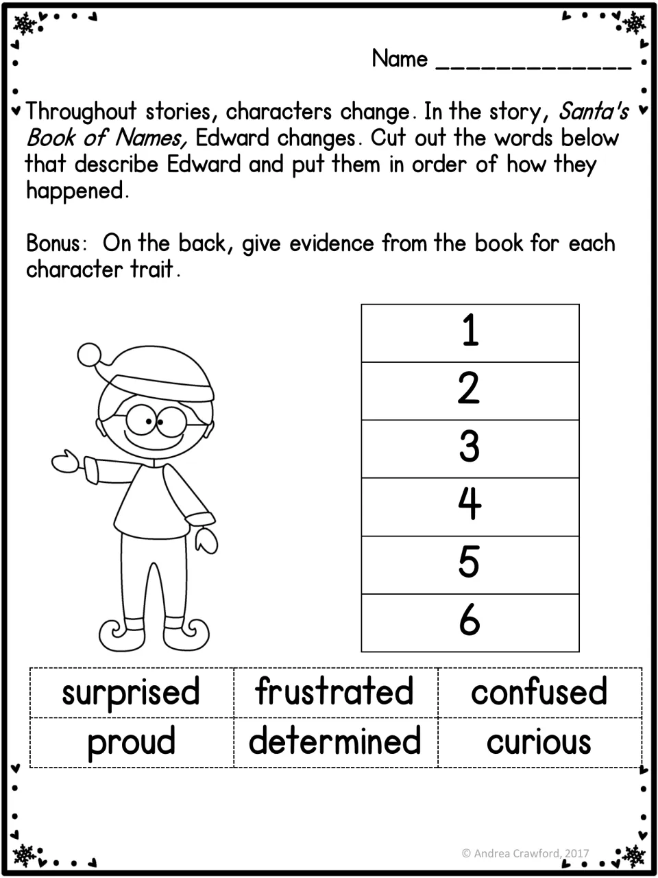 Character change sequencing: students cut out six traits like curious and proud and order how Edward changed, 1 to 6