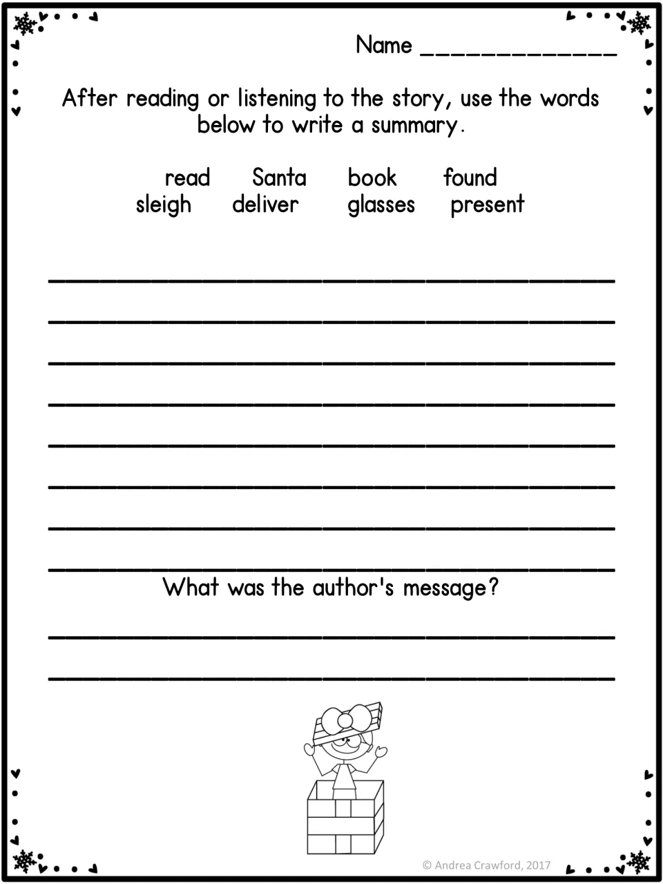 Story summary writing: after reading, students summarize with the same eight-word bank and explain the author's message