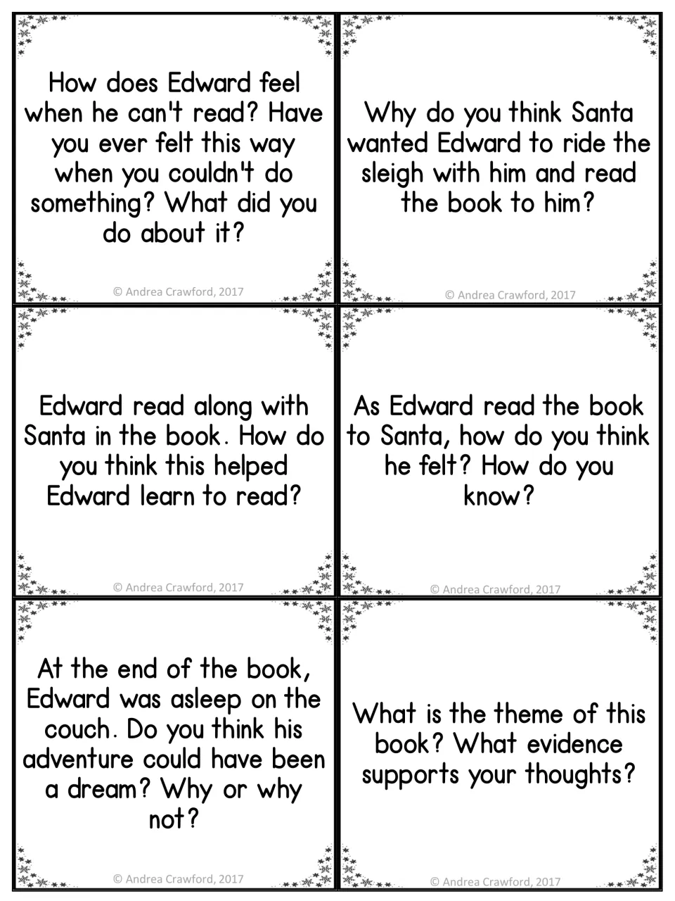 Discussion cards: six questions on Edward's feelings, reading with Santa, whether the adventure was a dream, and the theme