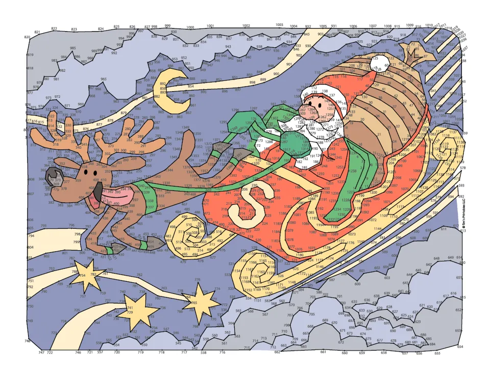 Color example for the Christmas dot-to-dot: Santa in a red sleigh with a toy sack and a flying reindeer.