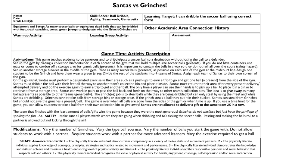PE game lesson plan: Santas dribble soccer balls to other teams' bins while Grinches try to steal them.