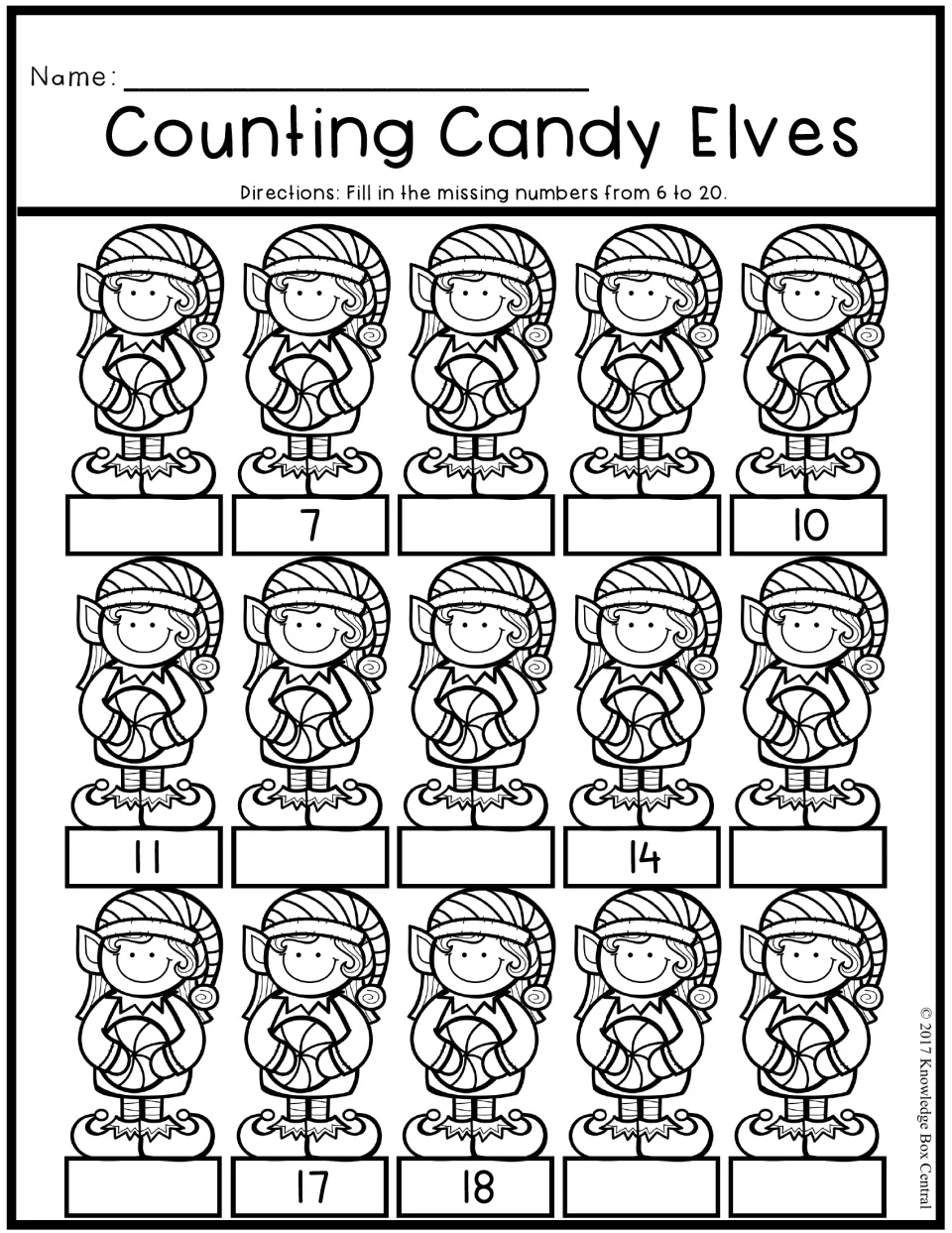 Counting Candy Elves: students fill in the missing numbers from 6 to 20 under 15 elves, with 7, 10, 11, 14, 17 and 18 given