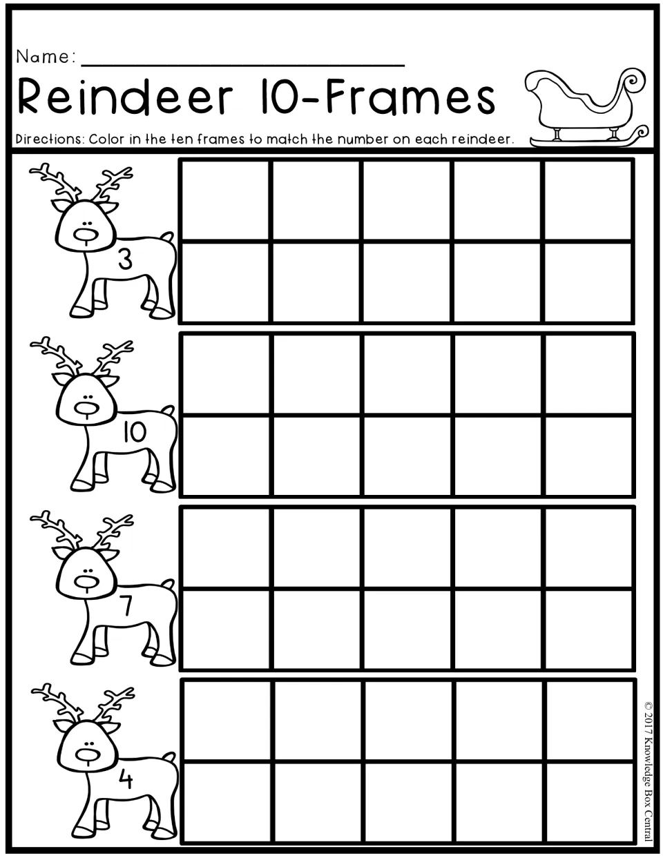 Reindeer 10-Frames: students color a ten frame to match the number 3, 10, 7 or 4 on each reindeer, showing quantities to 10